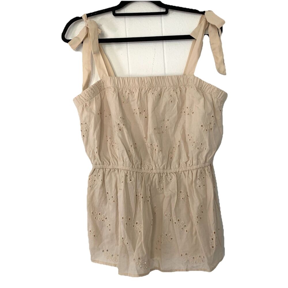 Maurice’s Womens Large Tank Top Bow Tie Straps‎ Babydoll Eyelet Shirt Tan NEW